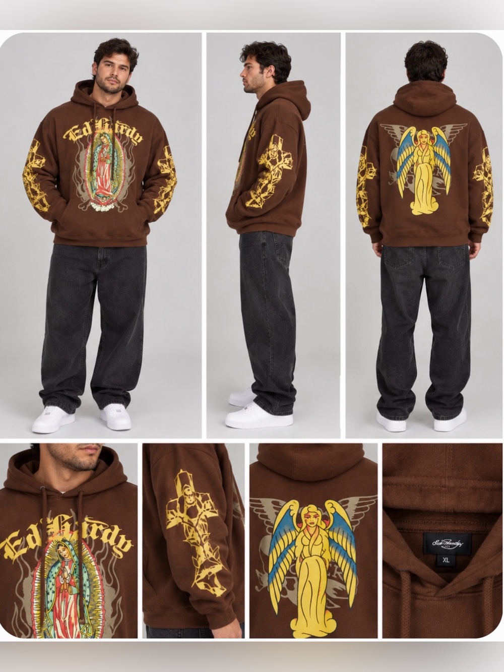 NWT Ed Hardy Mary Boxy Fleece Hoodie Cocoa Brown Gold Foil Graphic Angel XL